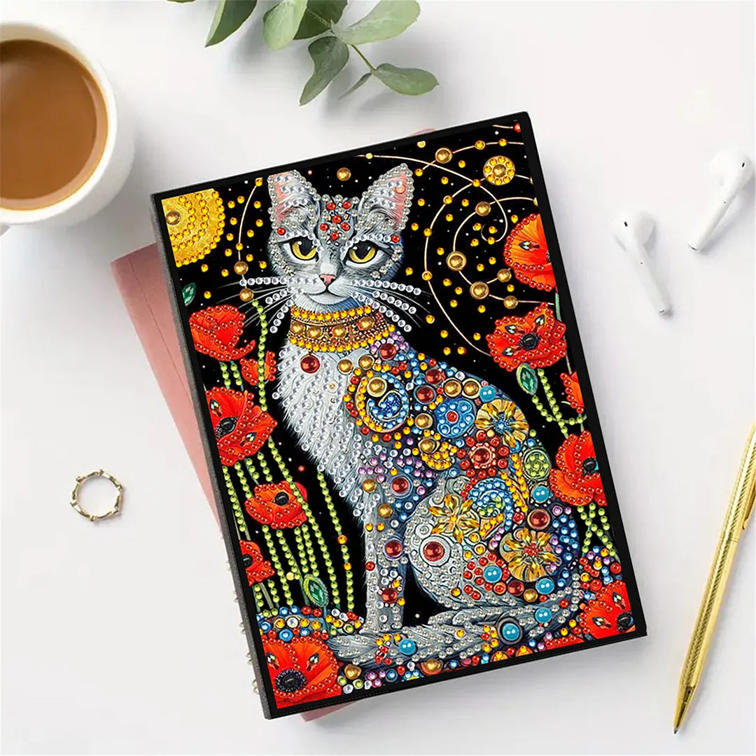 DIY Flower Diamond Painting Journals Notebooks 50 Pages A5 No Lines Special Shaped Diamond Art Kits for Beginners Craft Lovers and Artists (Cat and Flower)