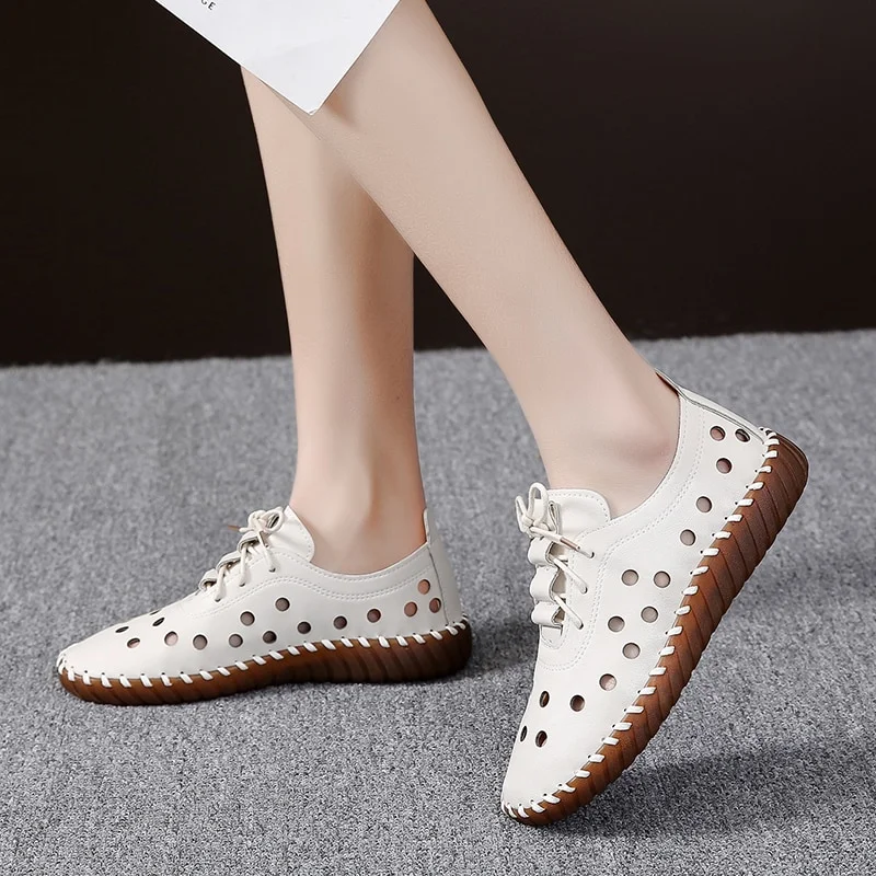 Qengg High Quality Handmade Oxford Flats Shoes for Women Cheap Leather Loafers Mother Comfy Leisure Summer Daily Shoes