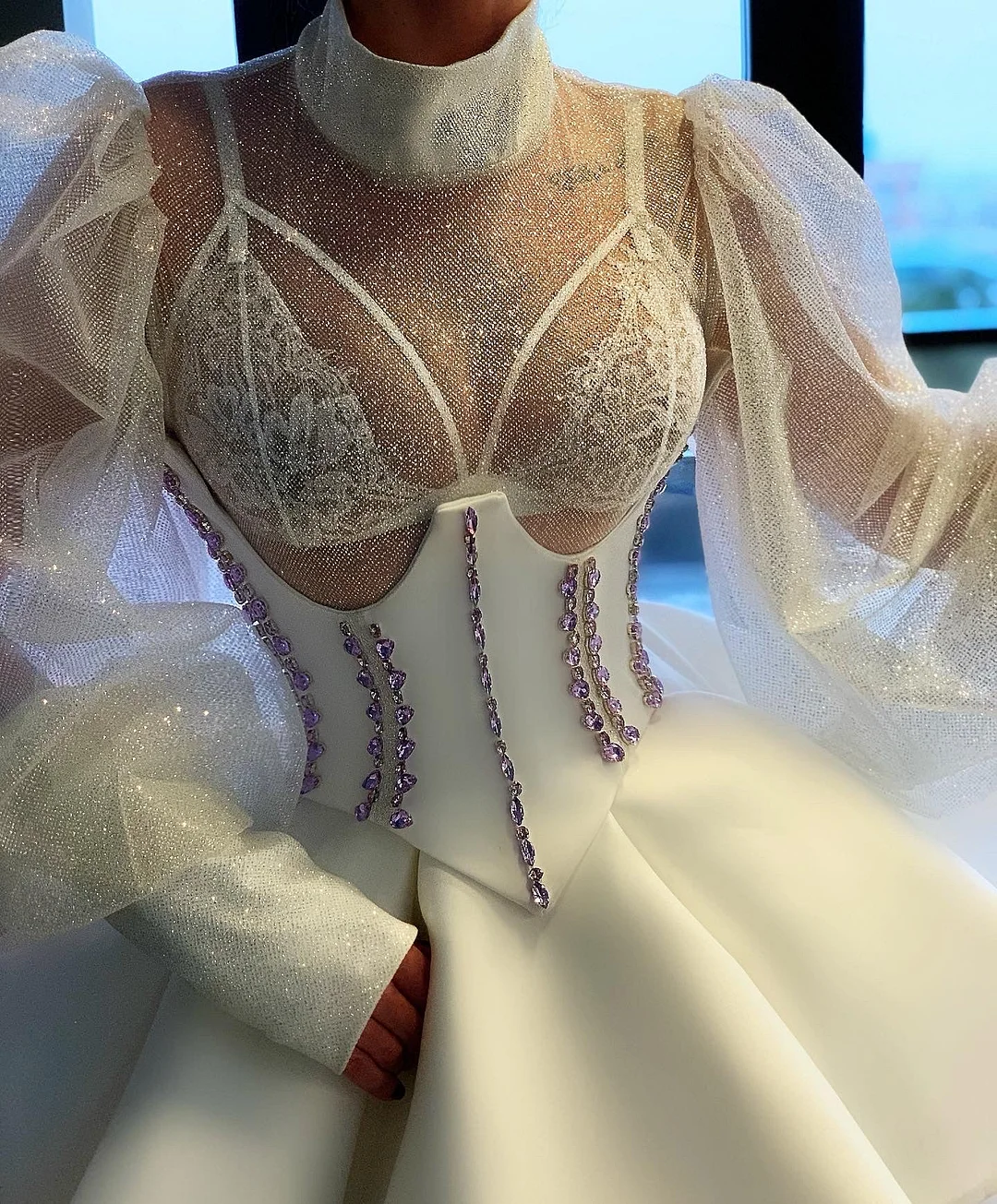 White Short Dress Corset Crystals