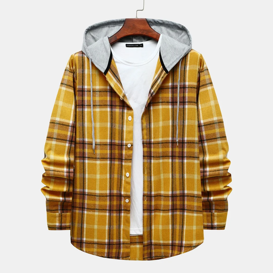 Men's Plaid Patchwork Hooded Casual Shirt