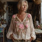 Women's Bohemian Pink Rose Embroidered Linen V-neck Long Sleeve Top - Image 2