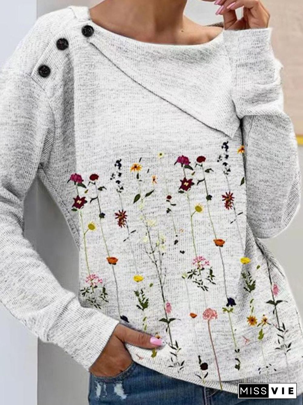 Women Long Sleeve Scoop Neck Floral Printed Sweater Top