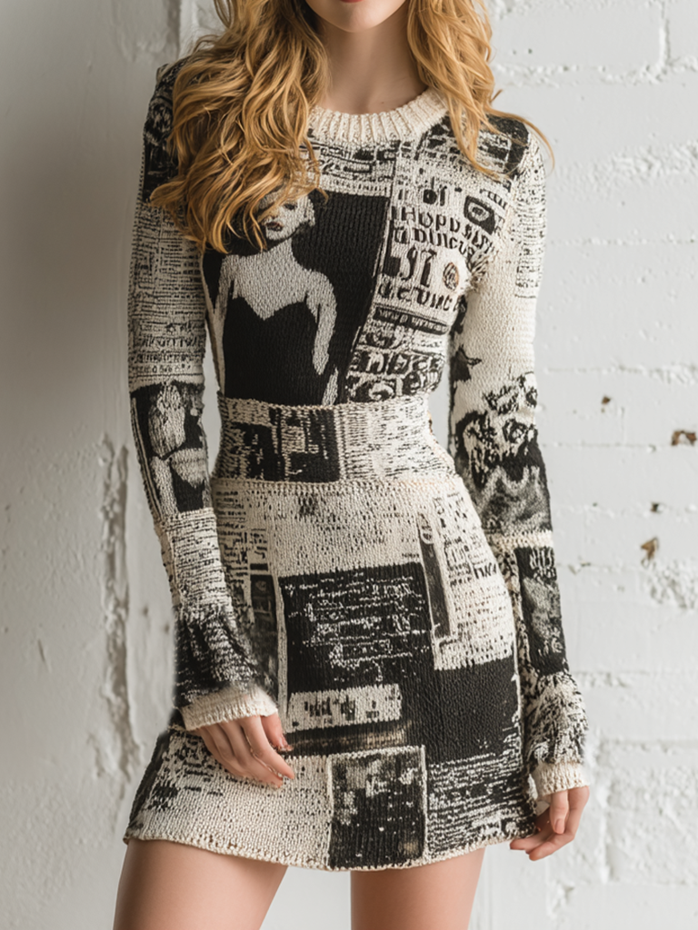 Comstylish Women's Newspaper Environmental Awareness Art Cozy Knit Mini Sweater Dress