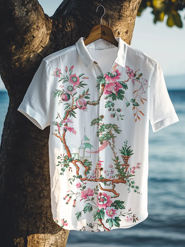 Men's Spring Floral Scenery Illustration Print Vacation Shirt