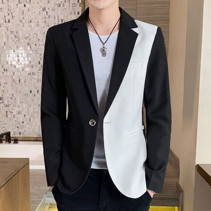 Woherb Men's Casual Blazer Korean Fashion Clothes Patchwork Suit Jacket Male Summer Thin Handsome Wear Slim Fit Coat Red White Blue