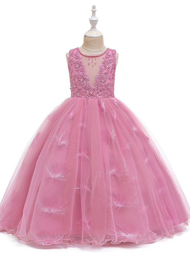 Oknass Sleeveless Jewel Neck  A-Line Medium Length Flower Girl Dress Tulle  Matte Satin With Lace Beading  Solid