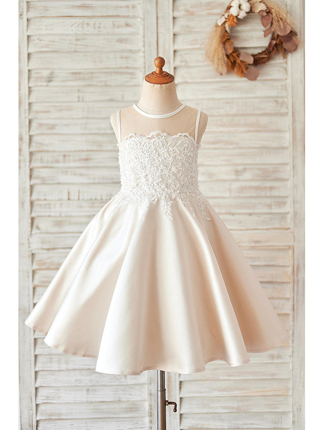 Oknass Ball Gown Sleeveless Jewel Neck Flower Girl Dress Lace Satin With Buttons Appliques