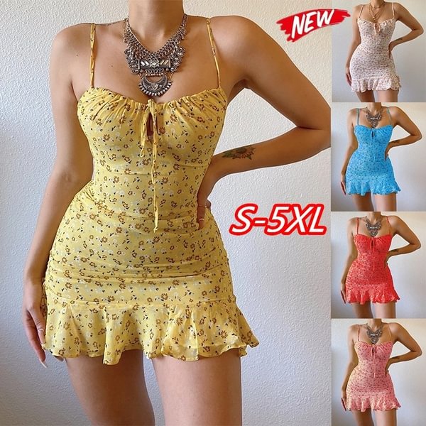 New Women's Fashion Floral Spaghetti Strap Mini Dress For Women Sleeveless Bodycon Dresses Floral Printed Summer Casual Dress Plus Size XXS-5XL - BlackFridayBuys