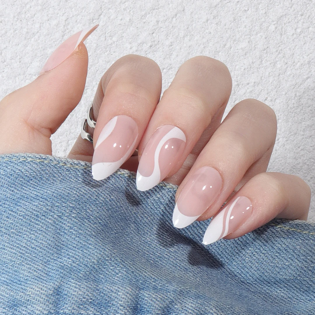 White Print Press On Nails with Jelly Double Sided Nail Adhesives 24 pcs