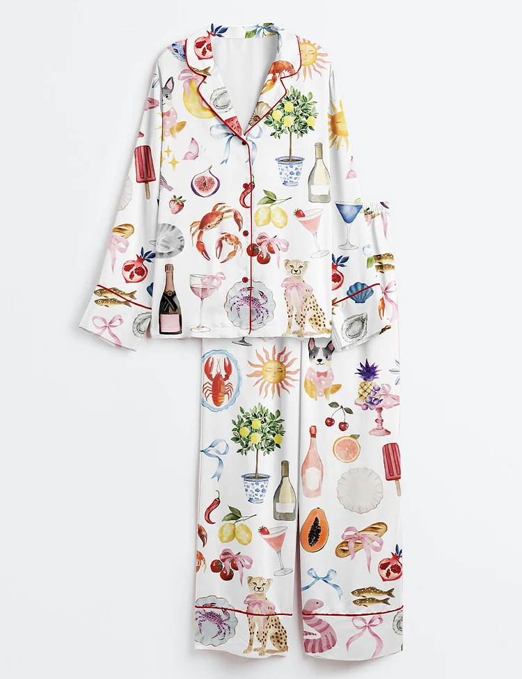 Women&rsquo;s Whimsical Wedding Dolce Vita Wedding Coquette Mediterranean Print Long Sleeve Satin Pajama Set