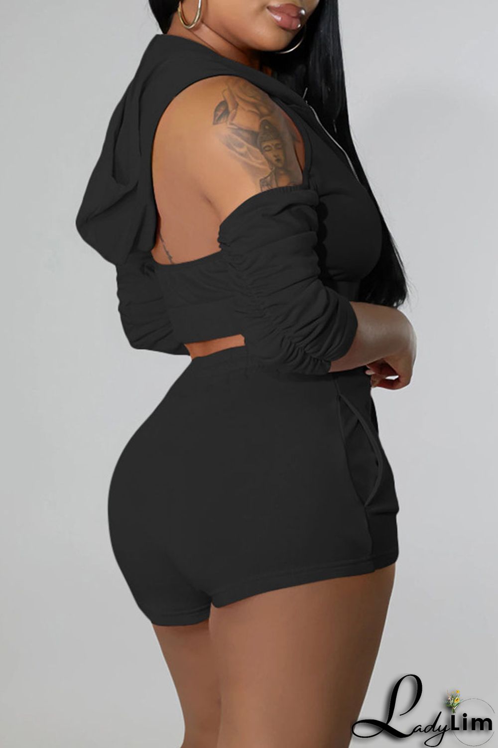 Rose Red Fashion Casual Solid Backless Fold Half A Turtleneck Half Sleeve Two Pieces