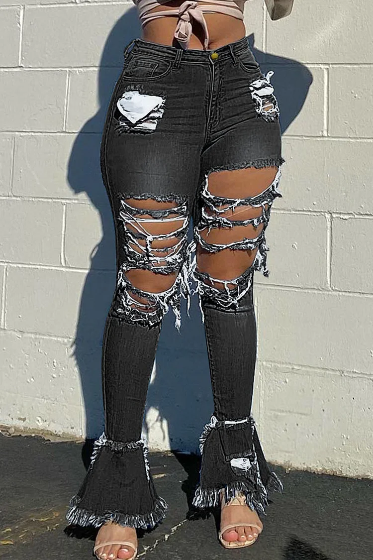 Black Sexy Street Solid Ripped Make Old Patchwork High Waist Boot Cut Denim Jeans