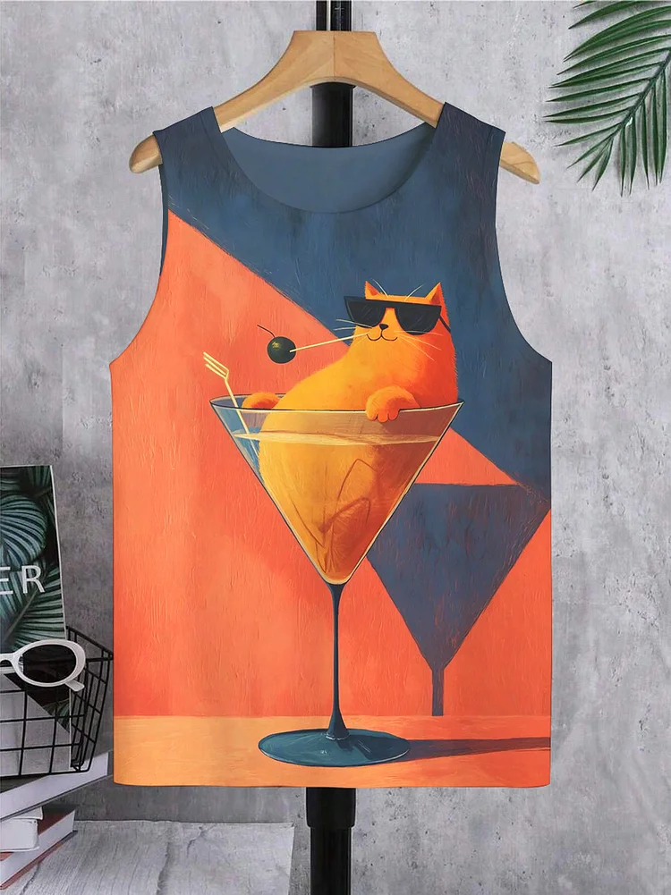 Men's Funny Cat And Cocktail Print Tank Top