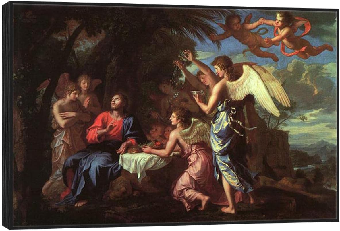 HEIMAO Baroque Canvas Wall Art. Jacques Stella Canvas Prints. Christ Served by the Angels Oil Painting Reproduction for Living Room Home Decor 80x136cm(31.6x54.0inch) Black frame black frame