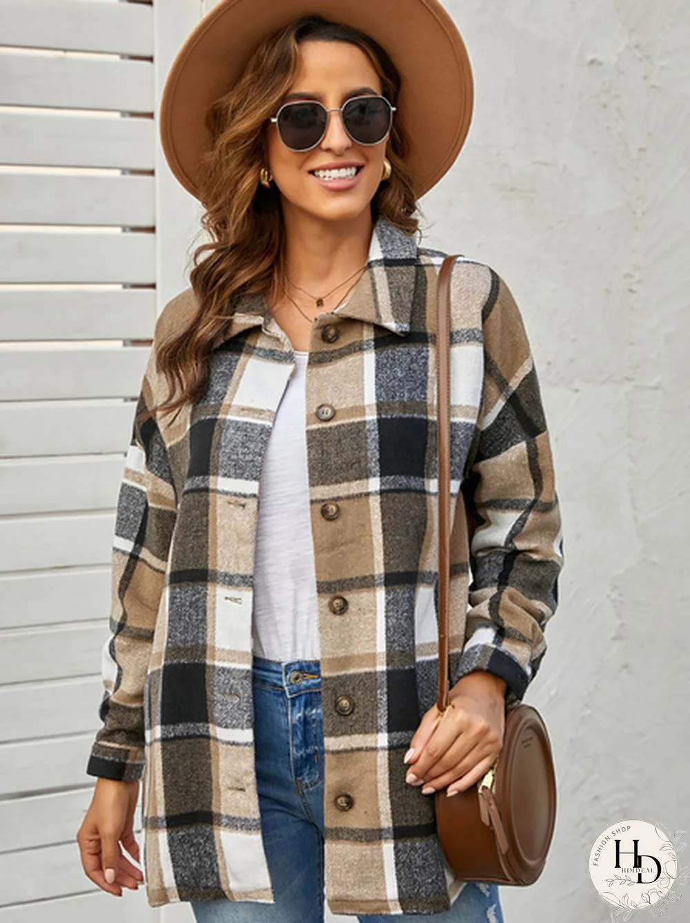 Women Plaid Print Buttoned Shirt Jacket