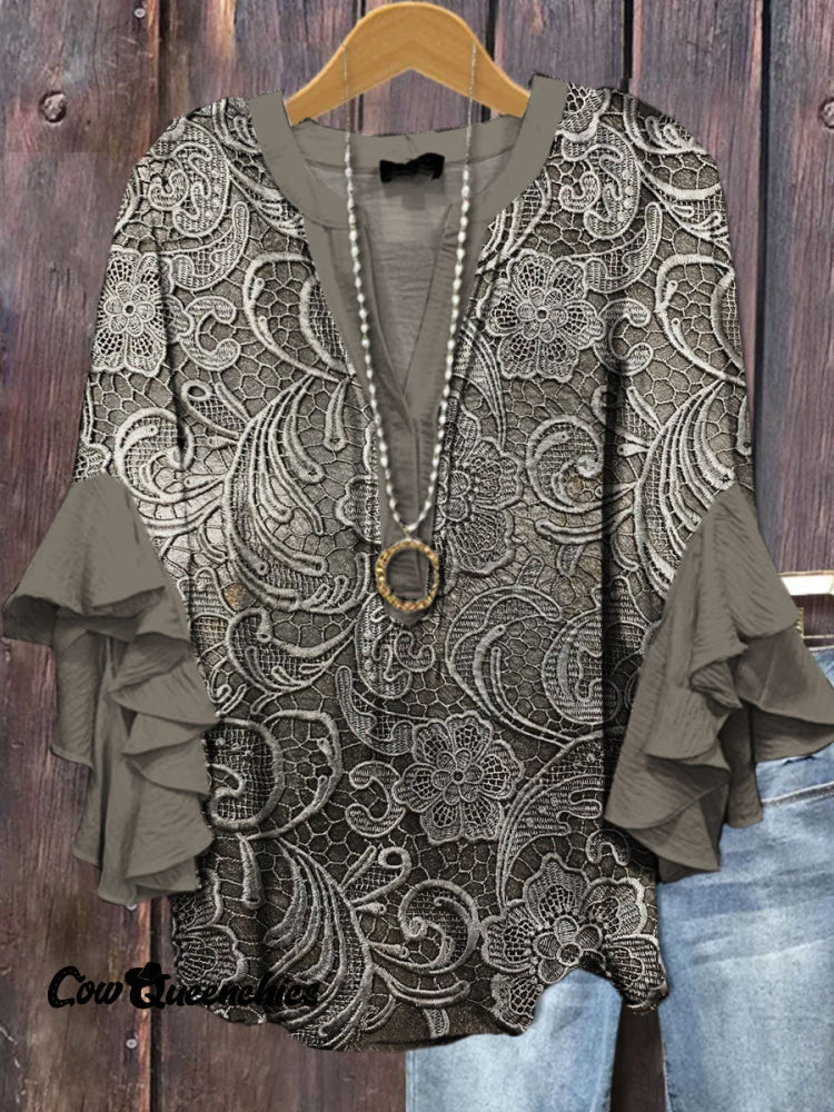 Vintage Floral Print Ruffle Sleeve Top Multicolor / S