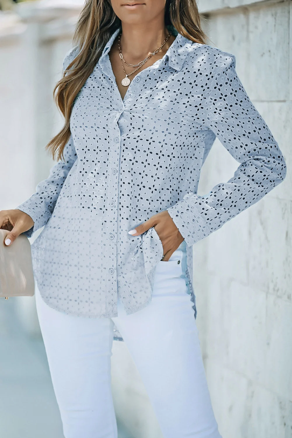 Sky Blue Long Sleeve Eyelet Floral Pattern Hollow-out Shirt | IFYHOME