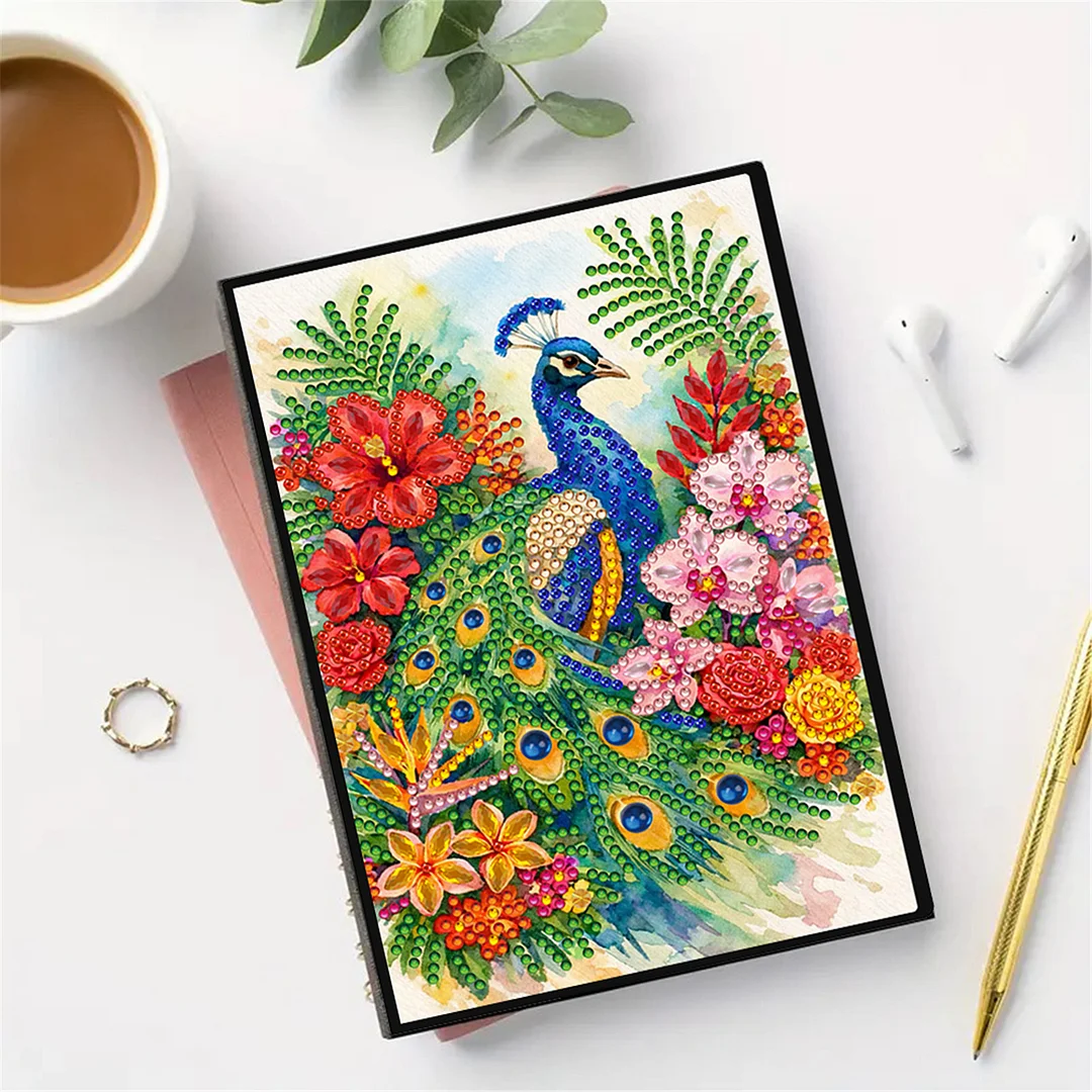 DIY Flower Diamond Painting Journals Notebooks 50 Pages A5 No Lines Special Shaped Diamond Art Kits for Beginners Craft Lovers and Artists (Peacock and Flowers)
