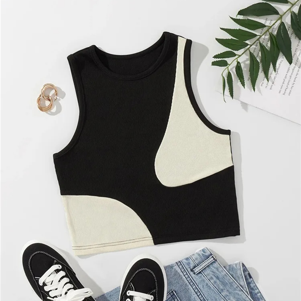 Myopiclunacy Women Sexy Solid Camis Crop Top Casual Tank Tops Vest Sleeveless Streetwear Patchwork Color T Shirt Navel Exposed Tees Summer