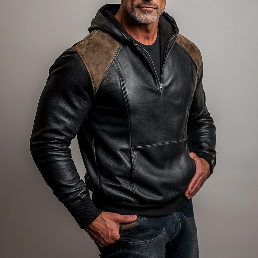 Men's PU Leather Patchwork Half Zip Pocket Hoodie