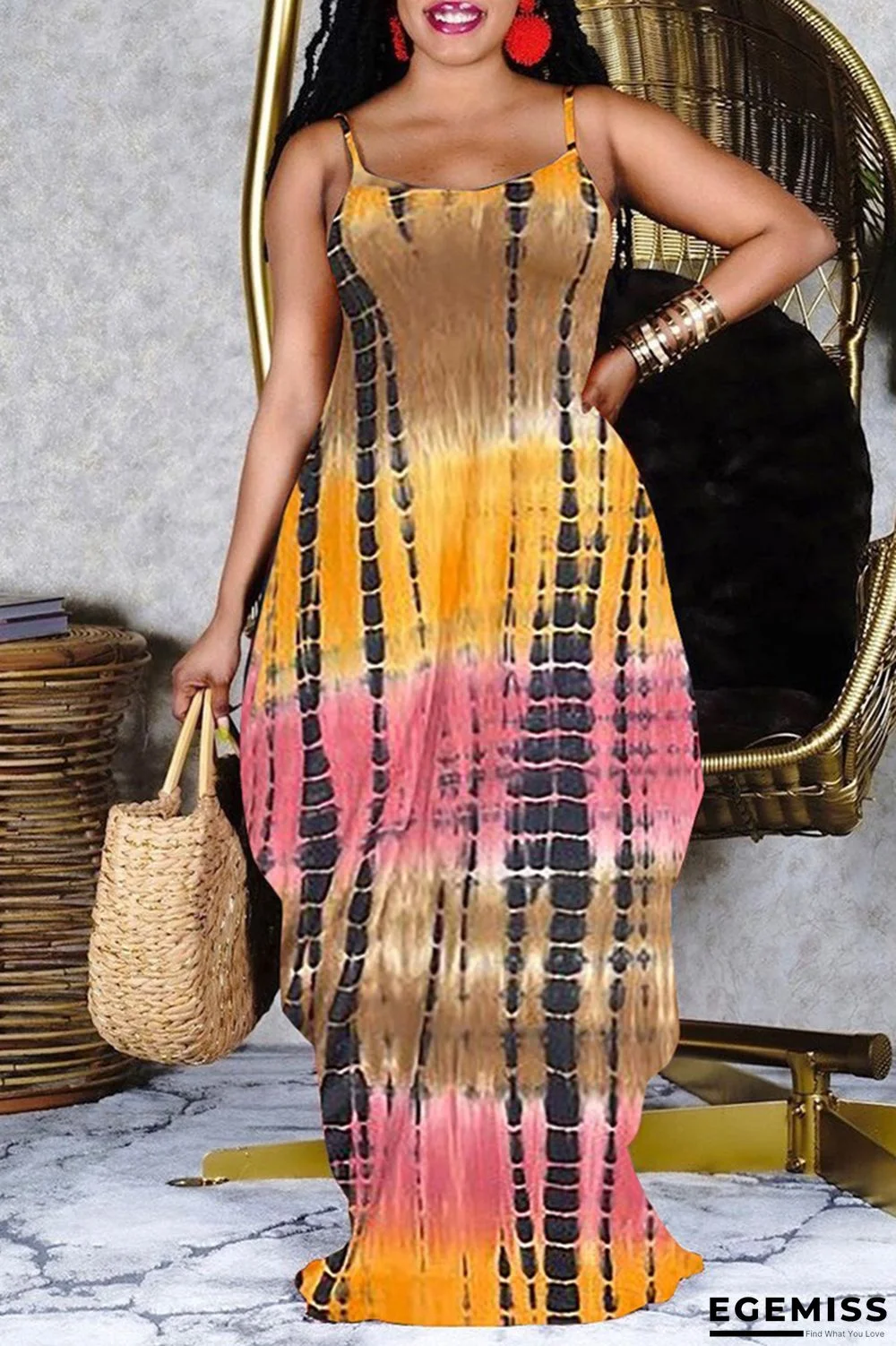 Khaki Fashion Casual Plus Size Print Basic Spaghetti Strap Sleeveless Dress | EGEMISS