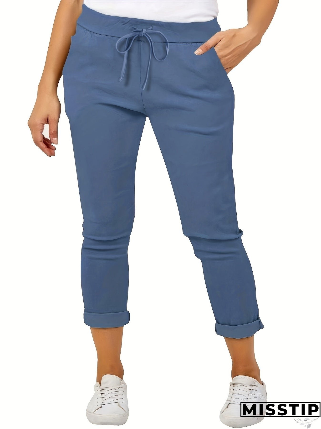Plus Size Casual Pants, Women's Plus Solid Drawstring Roll Up Hem Slight Stretch Pants
