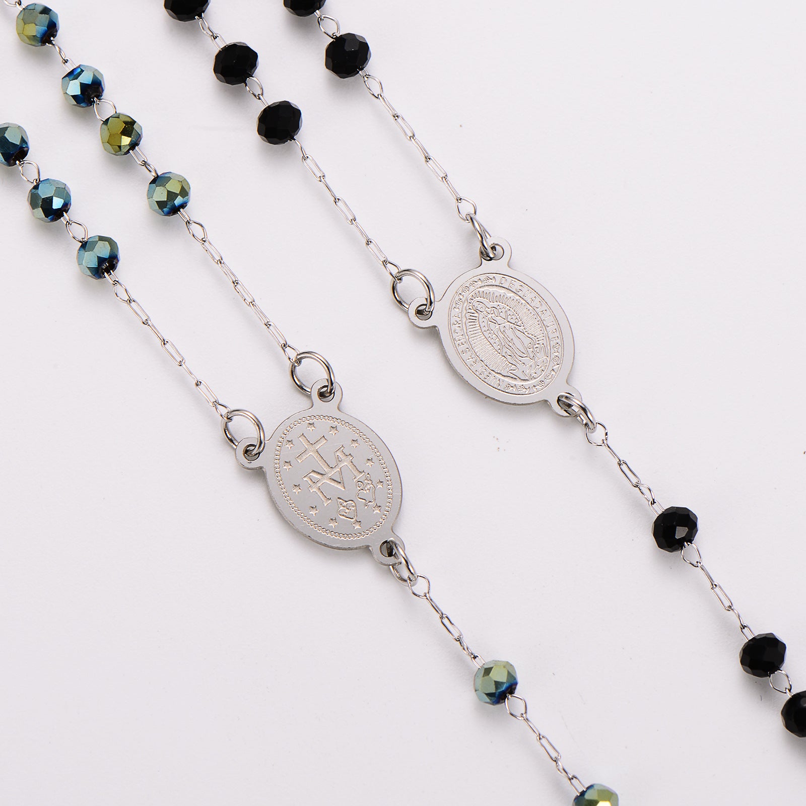 Aml Dopamine Color Crystal Beads Double-Sided Catholic Saint Benedict Portrait + Holy Medal Stainless Steel Long Necklace