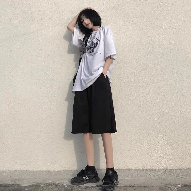 Shorts Women Summer Solid Knee-length High Waist Loose Ins Simple Leisure Fashion Female Preppy Stylish Teens Korean Style Daily