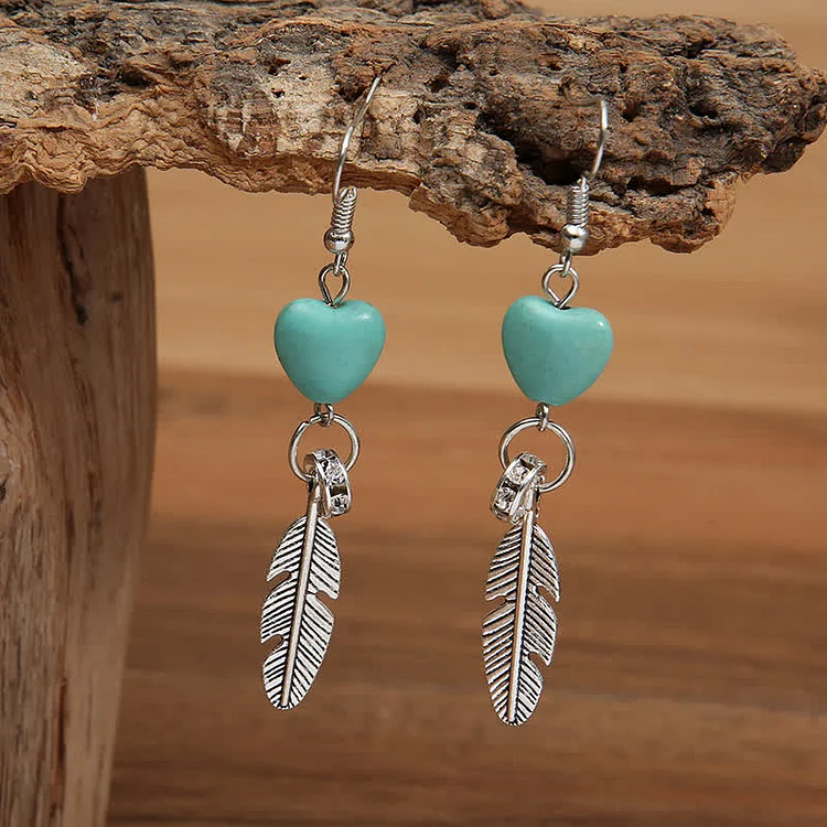 Olivenorma Vintage Heart Turquoise Feather Earrings