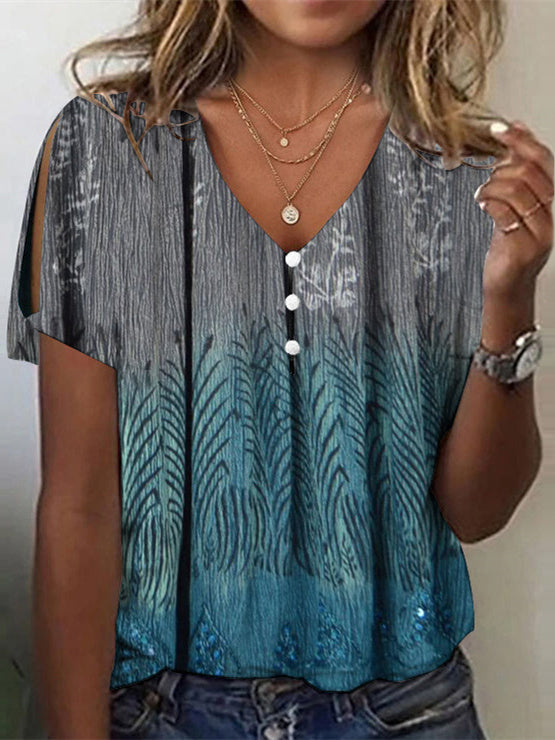 Women's Colorblock Graphic Printed Hollow Short Sleeve V-neck Top