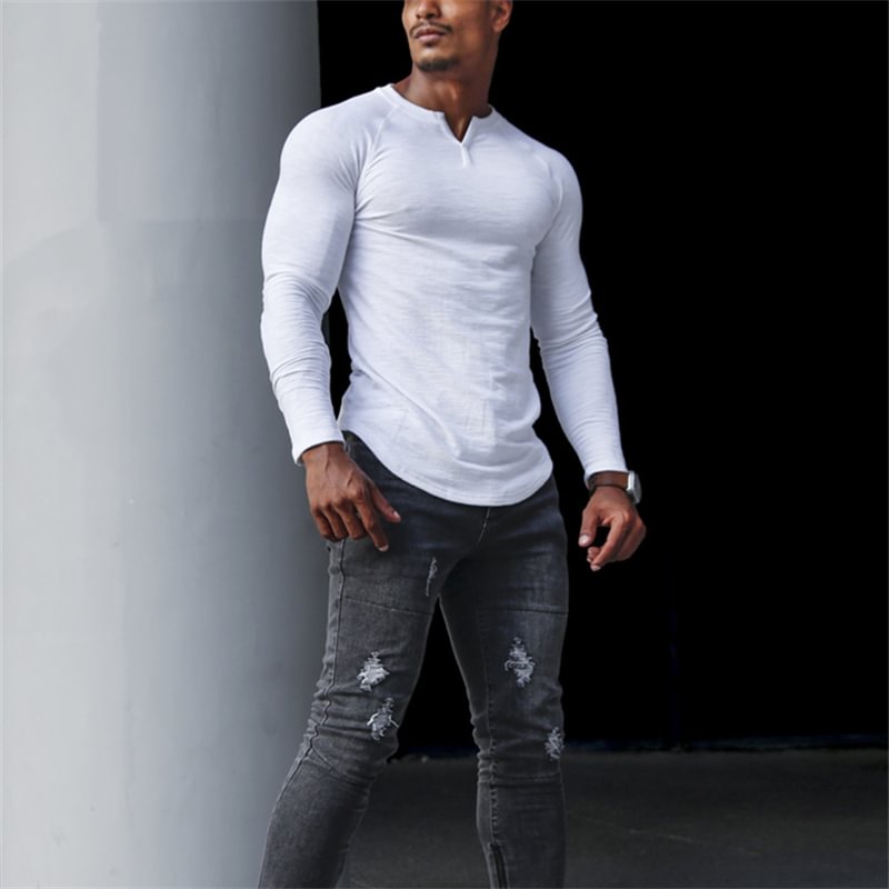 Men‘s Retro V Neck Long Sleeve Cotton T-Shirt