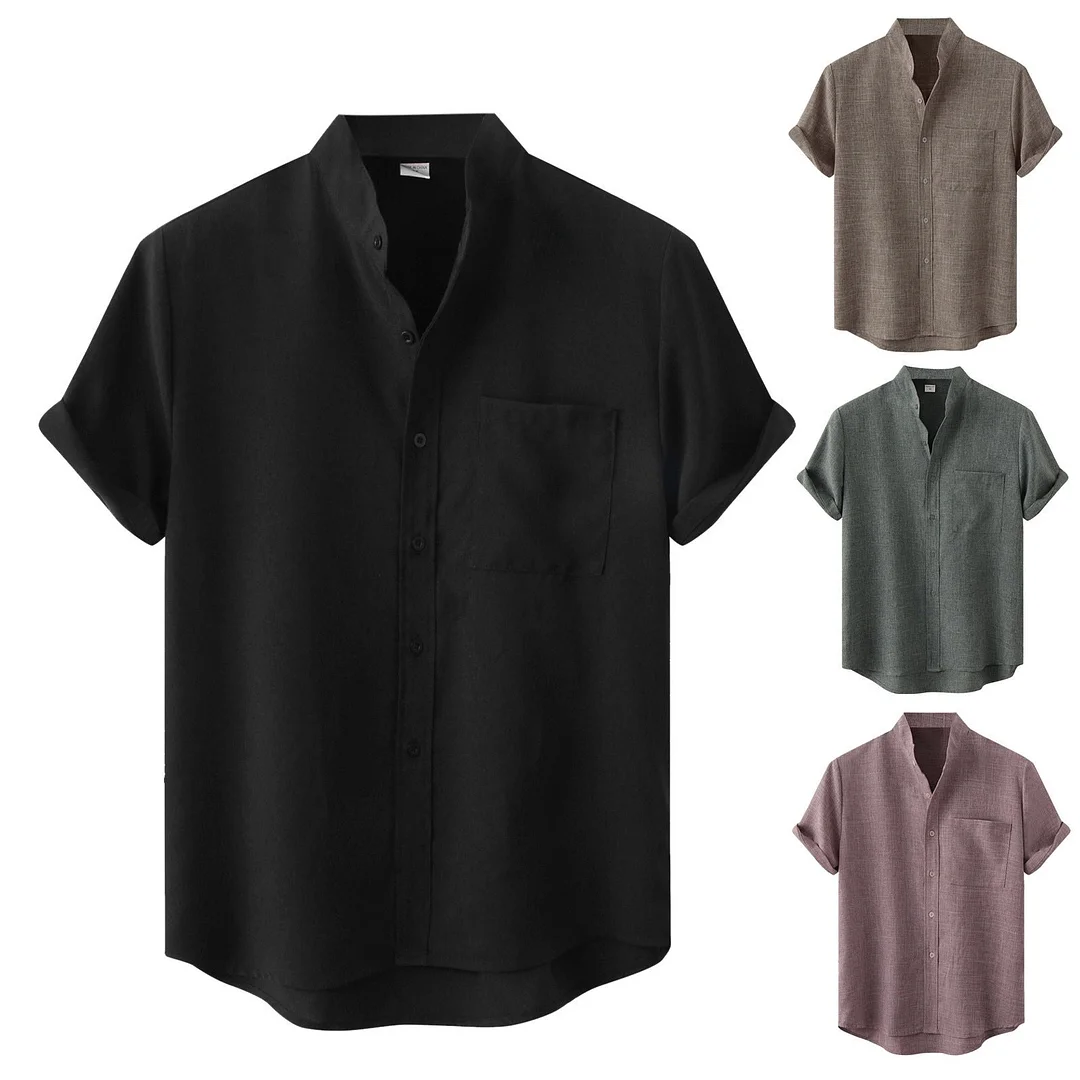 Inongge Summer Shirt Men Short-sleeved Breathable Cotton And Linen Shirts Solid Stand Collar Hawaiian Soft Loose Tops Male Blouse
