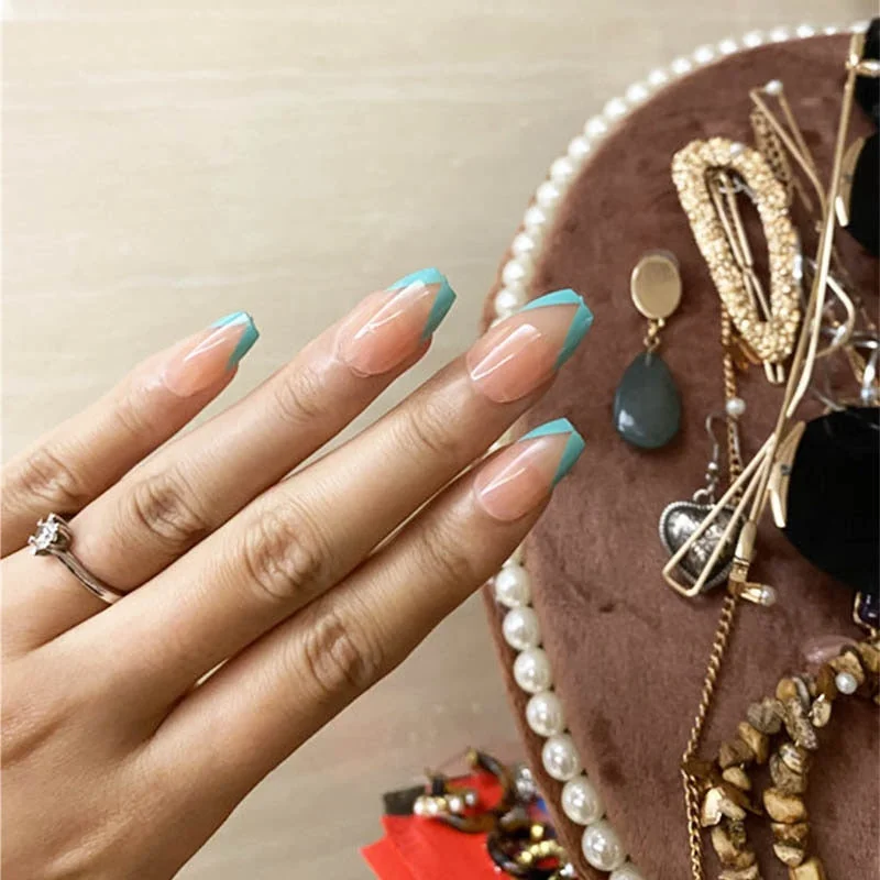 24pcs Long Pointy Head Wearable Manicure fake nails with glue Fashionable Natural Blue Sky White Cloud Water Drop Beautiful nail-Nail Inspo