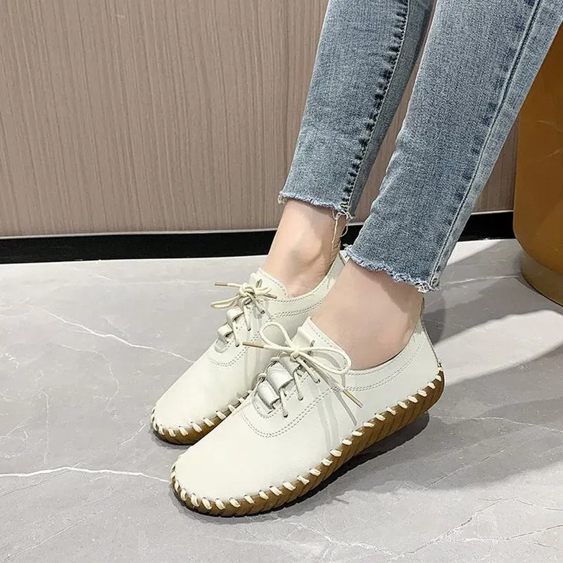 white shoes women's summer thin section of beef tendon sole mother shoes super soft flat round toe leather tenis feminino shoes