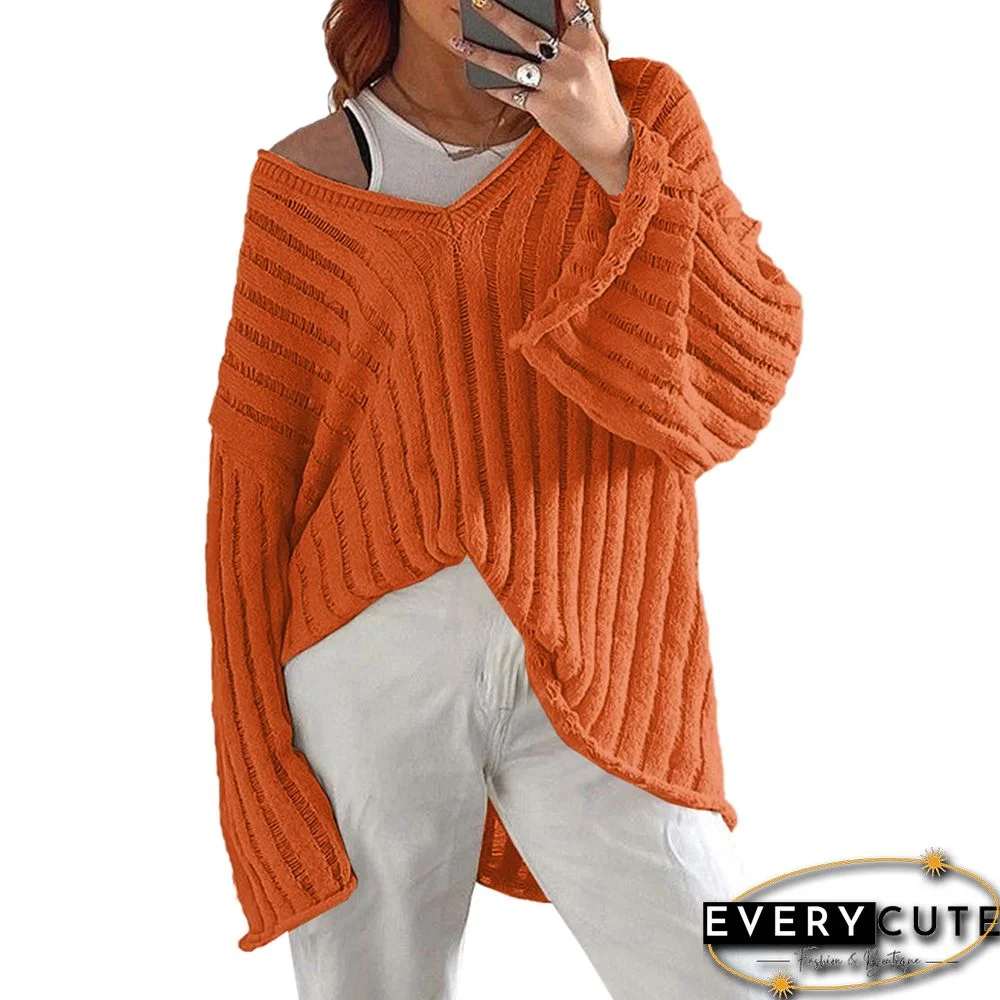 Orange Loose Style V Neck Sweater