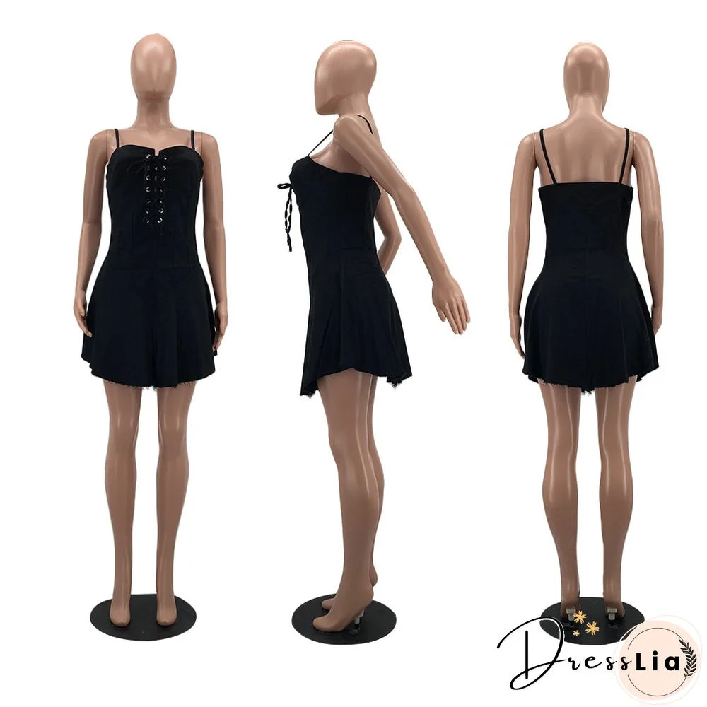 Women Sexy Solid Color Spaghetti Straps Eyelet Lace-Up Slim Fit Clubwear Denim A-Line Mini Dress