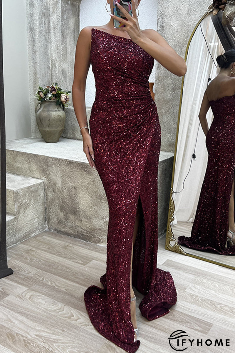 Sexy Formal Solid Slit Asymmetrical Oblique Collar Evening Dress Dresses | IFYHOME