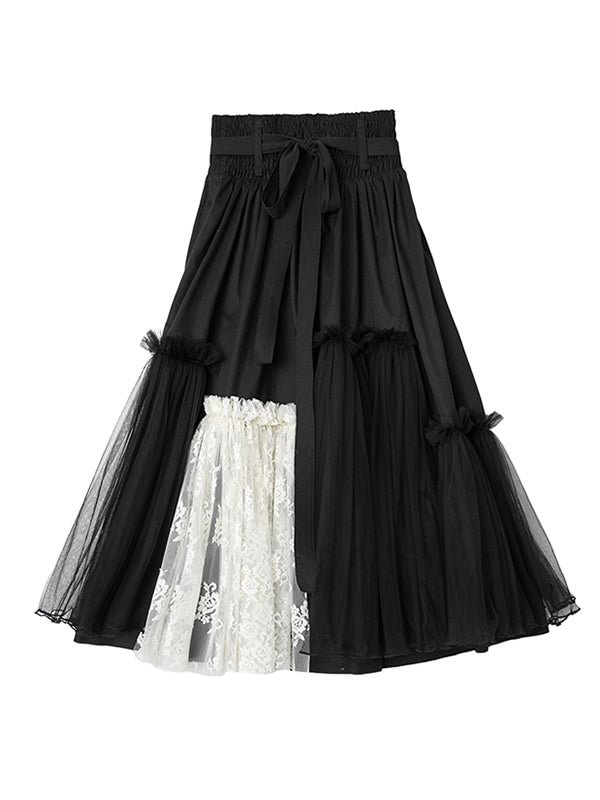 Original Lace Contrast Colors Split-Joint Gauze Skirt