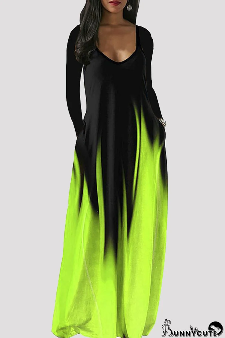 Fluorescent Green Fashion Casual Print Basic V Neck Long Sleeve Dresses