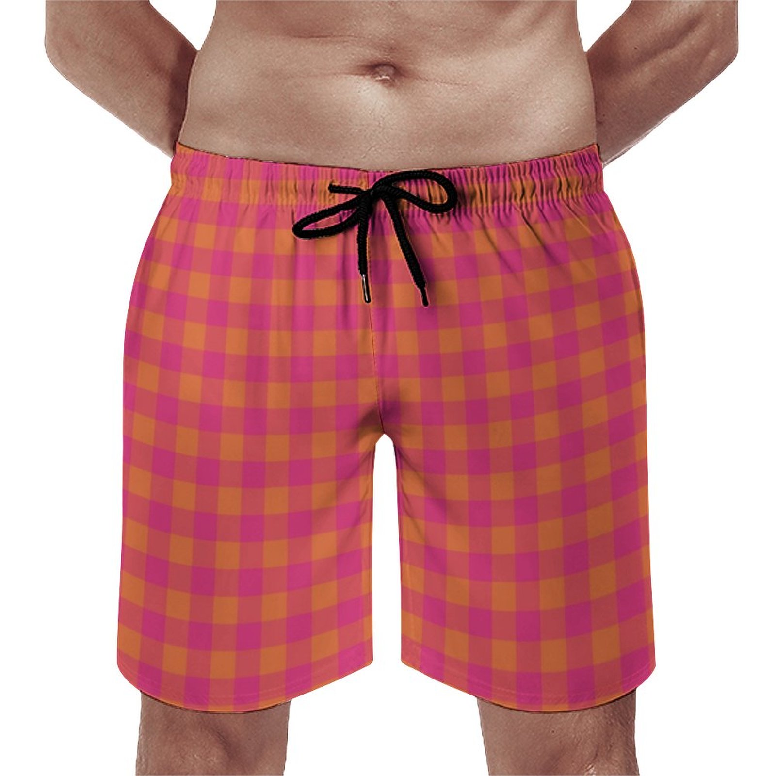Retro Buffalo Plaid Tartan Pattern Pink And Orange Elegant Men's Swim Trunks Summer Board Shorts Quick Dry Beach Short with Pockets