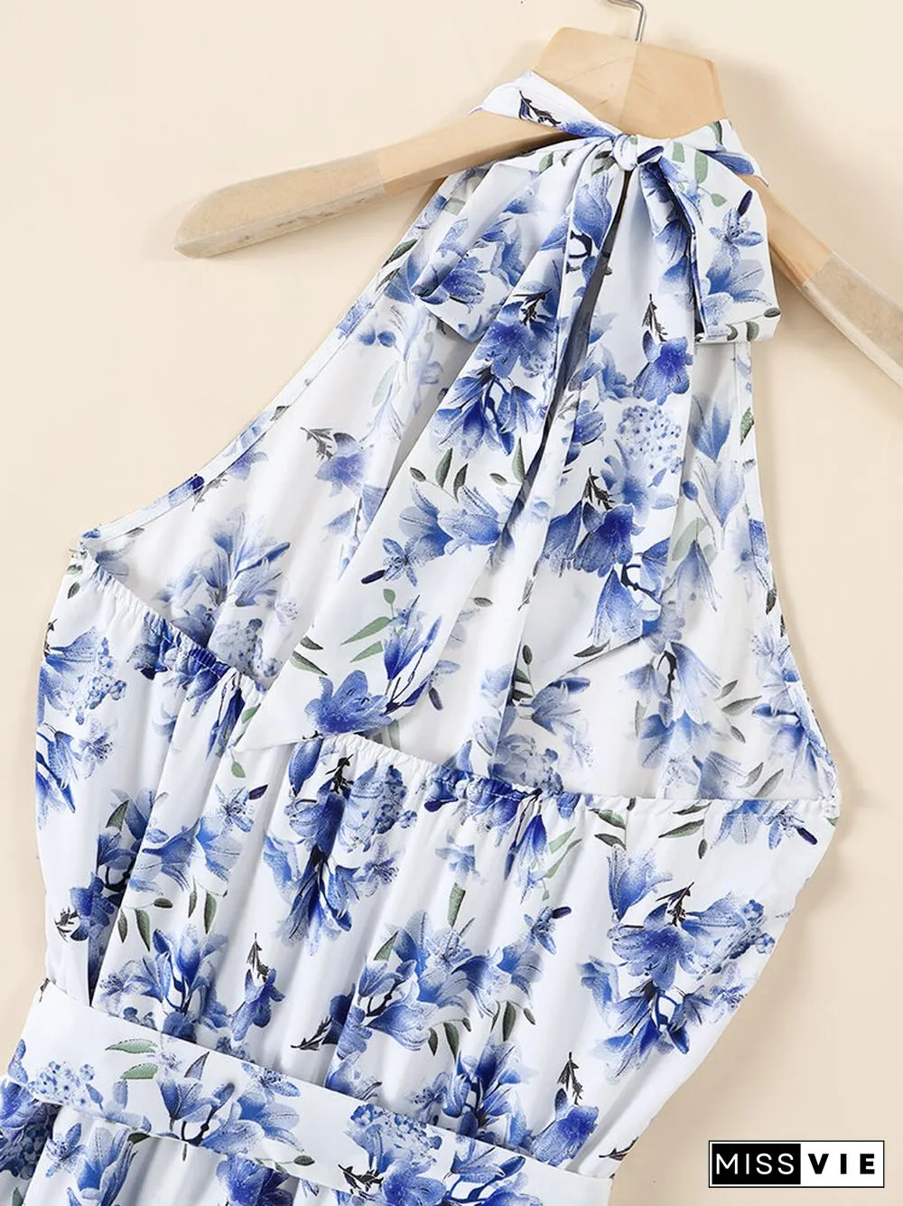 Flower Print Belt Self Tie Halter Open Back Maxi Dress