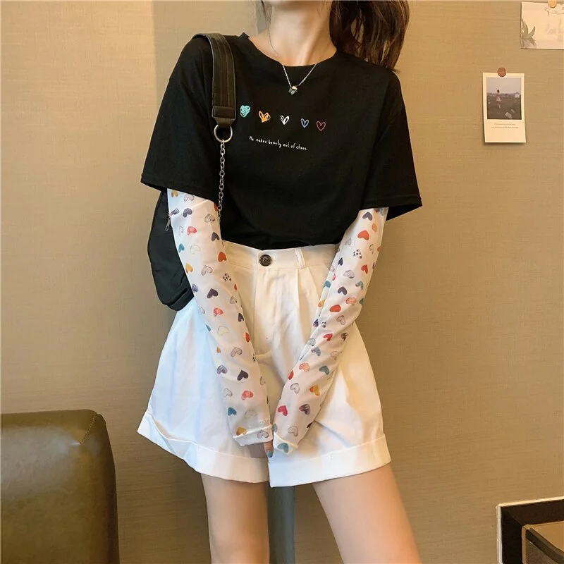 Back to School Mesh Long Sleeve Sweet Cute T-Shirt Women Loose 2022 Summer Korean Version Heart Pattern Fashion Tee Harajuku T-Shirt