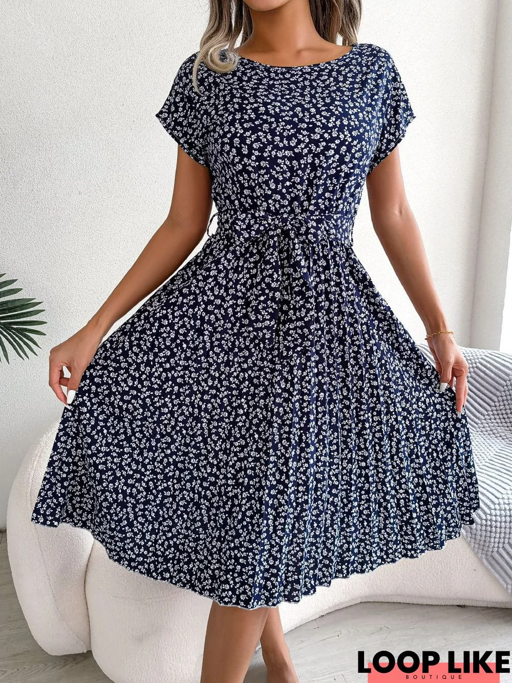 Summer Shift Short Sleeve Boho Floral Knitting Dress