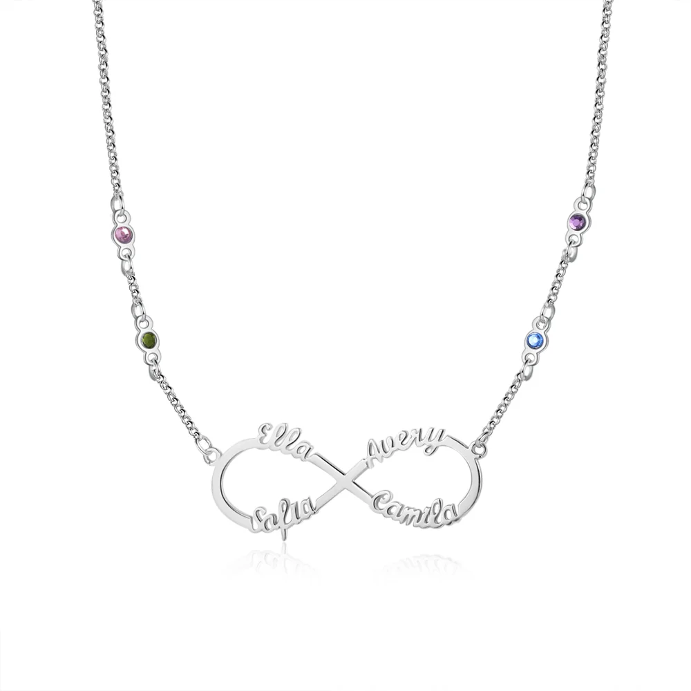 S925 Silber Benutzerdefinierte Unendlichkeit Halskette mit 4 Geburtssteinen und 4 Namen n4-b4 Kettenmachen
