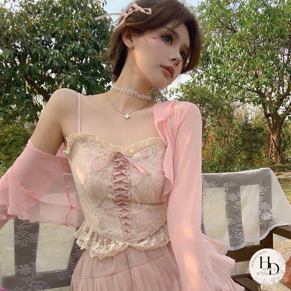 Pure Color Cardigan Lace-up Lace Corset Top Layered Mini Skirt