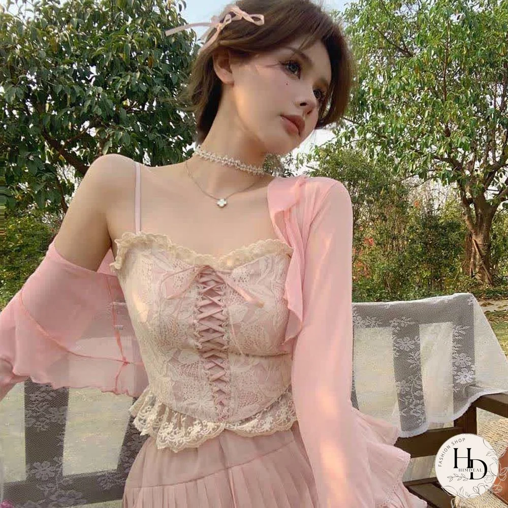 Pure Color Cardigan Lace-up Lace Corset Top Layered Mini Skirt