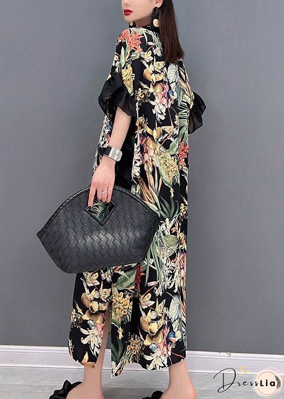 Green Side Open Print Long Dress Short Sleeve