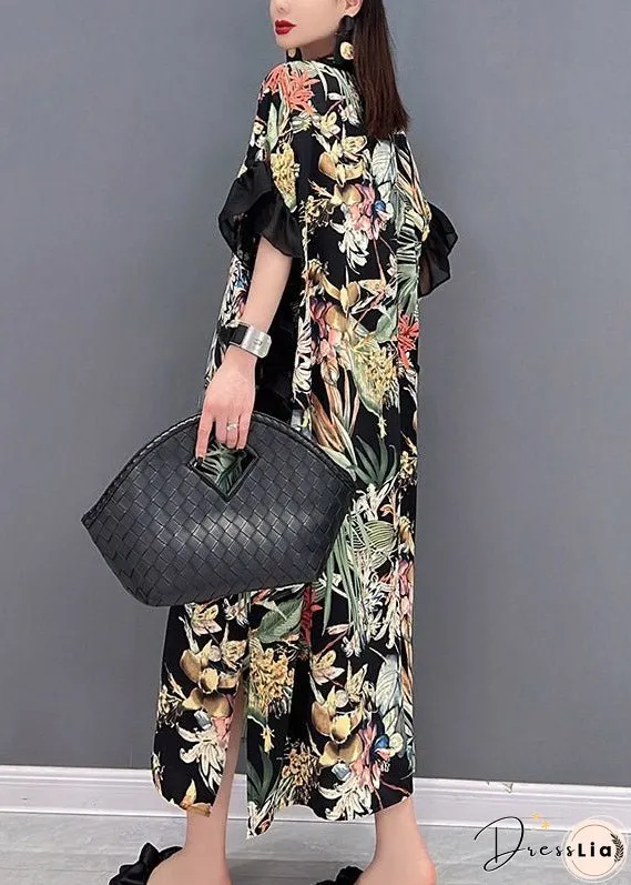 Green Side Open Print Long Dress Short Sleeve