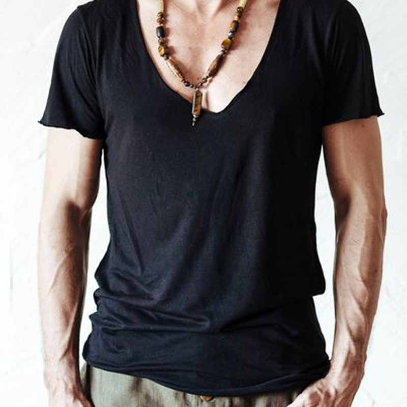 Frayed V-neck Black T-shirt-inspireuse