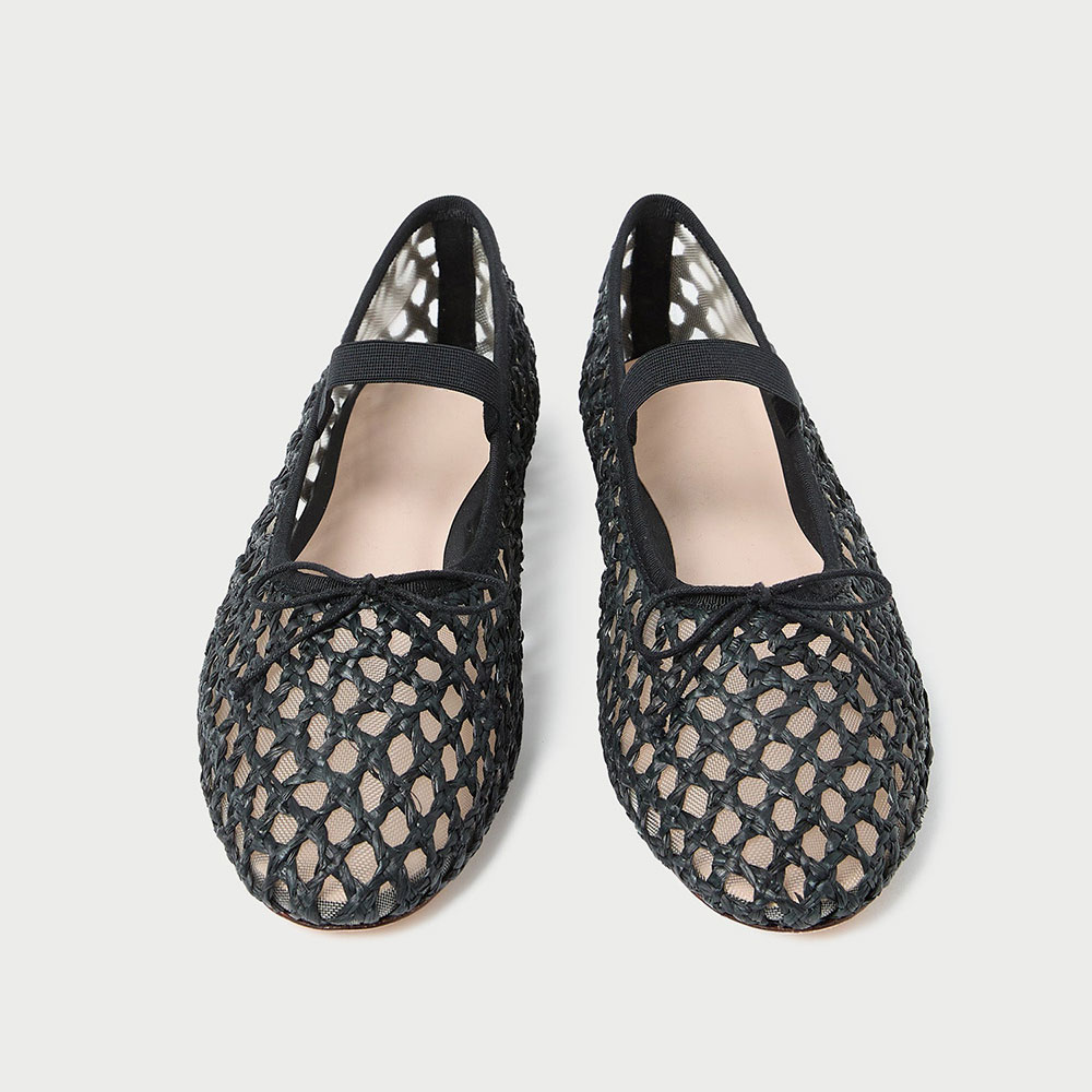 Black Fishnet Round Toe Flat Woven Bow Inlay Ballet Shoes for Women Nicepairs